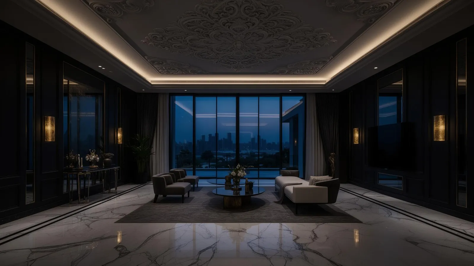 Luxury villa renovation in Dubai — interior at dusk by DECOLUX